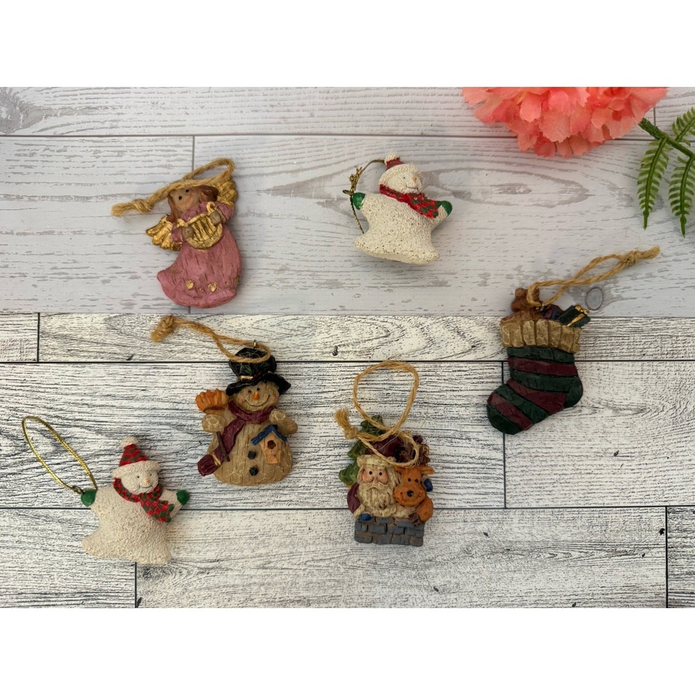 Vintage Y2K Primitive Country Ornaments Set Of 6 Angel Snowman Stocking Santa 2"